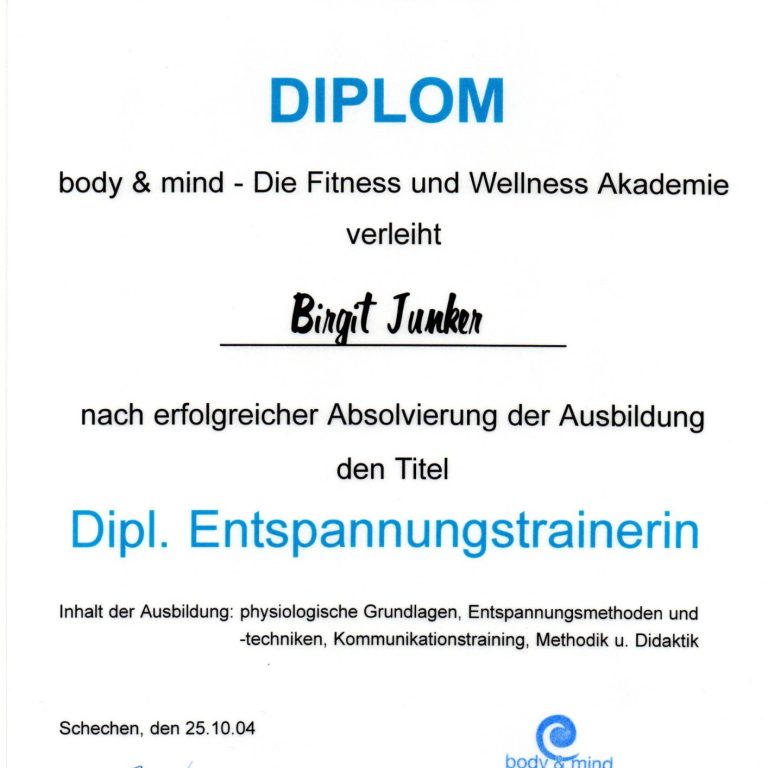 Birgit Mills (Junker) : Diplom Entspannungstrainerin, erworben an body & mind Fitness und Wellness Akademie