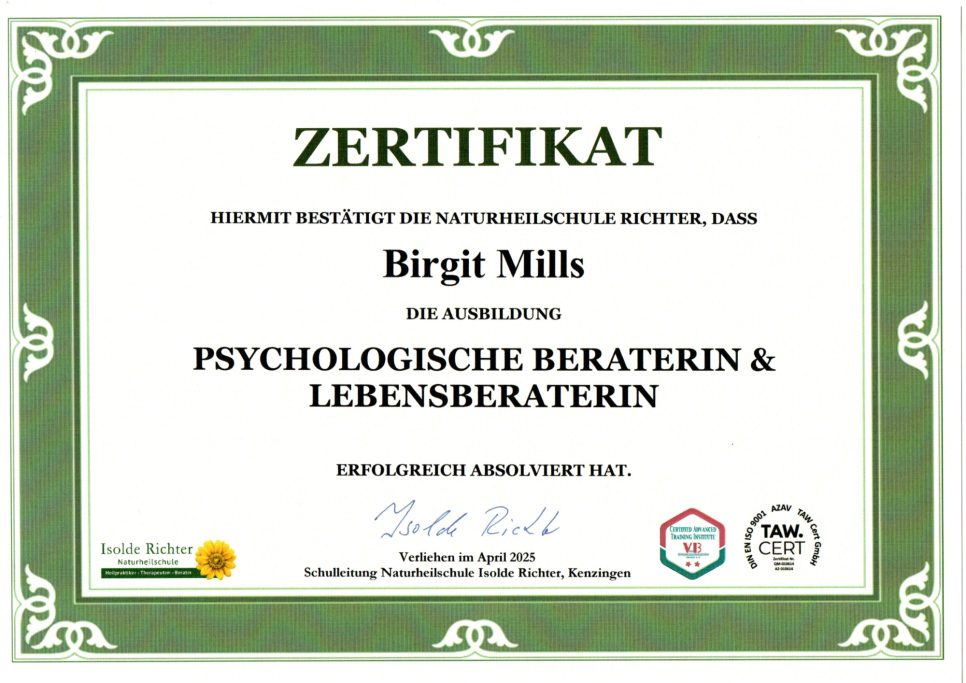 Zertifikat für Birgit Mills als Psychologische Beraterin und Lebensberaterin.